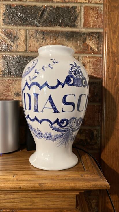 Lilly Blue White Ceramic Pharmacy Apothecary Jar Vase DIASCORDIUM 10.25"x6"